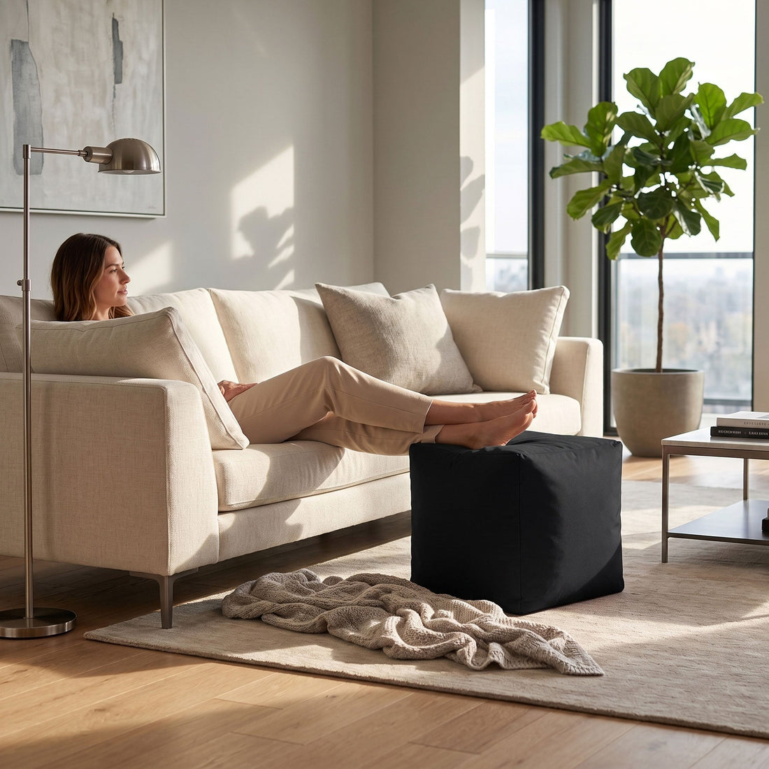 Cube Brava pouf ottoman styled as a footrest and side table in a living room