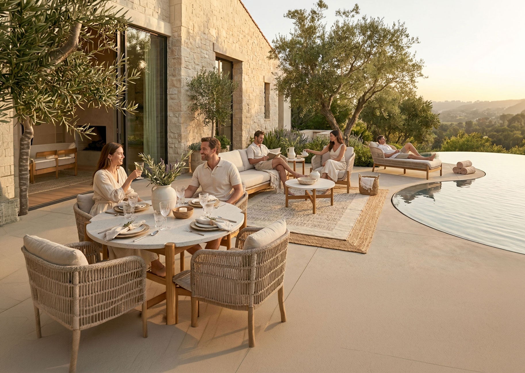 People enjoying a meal on a patio with a pool and scenic view