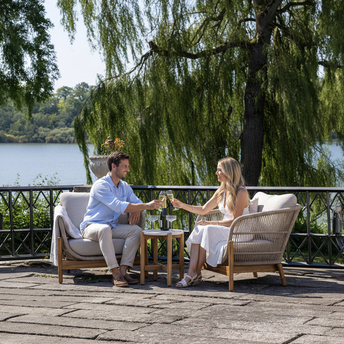 Portofino Outdoor 2 Person Conversation Set with Side Table Natural 3pc