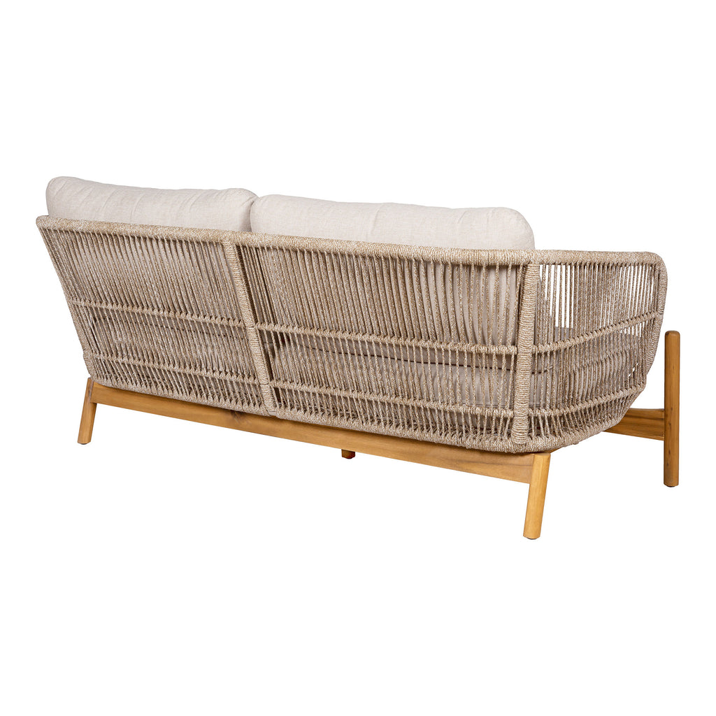 Wicker outdoor sofa with wooden legs on a white background