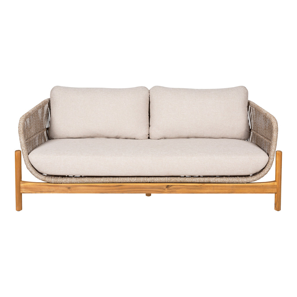 Two-seater sofa with wicker frame and beige cushions on a white background