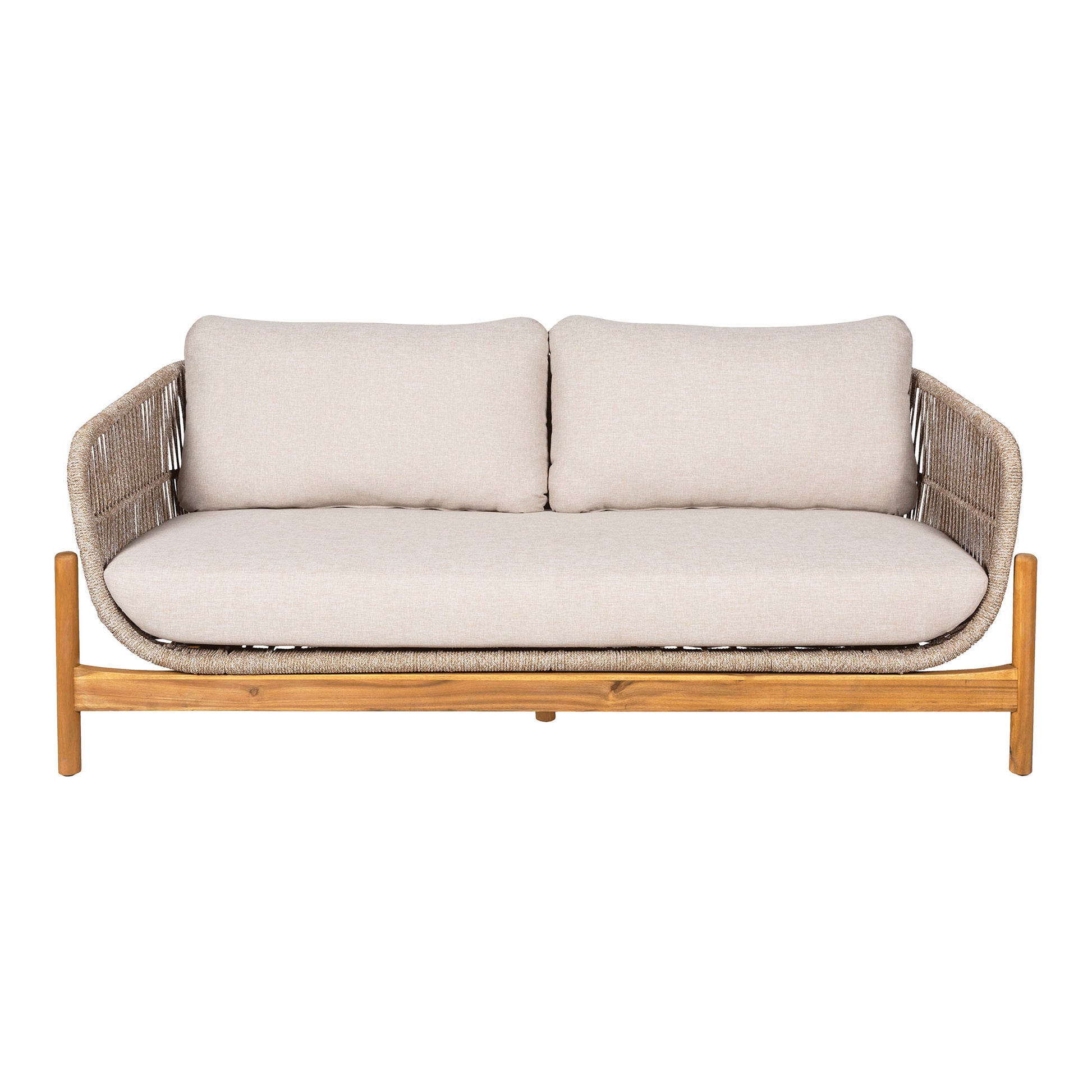 Two-seater sofa with wicker frame and beige cushions on a white background