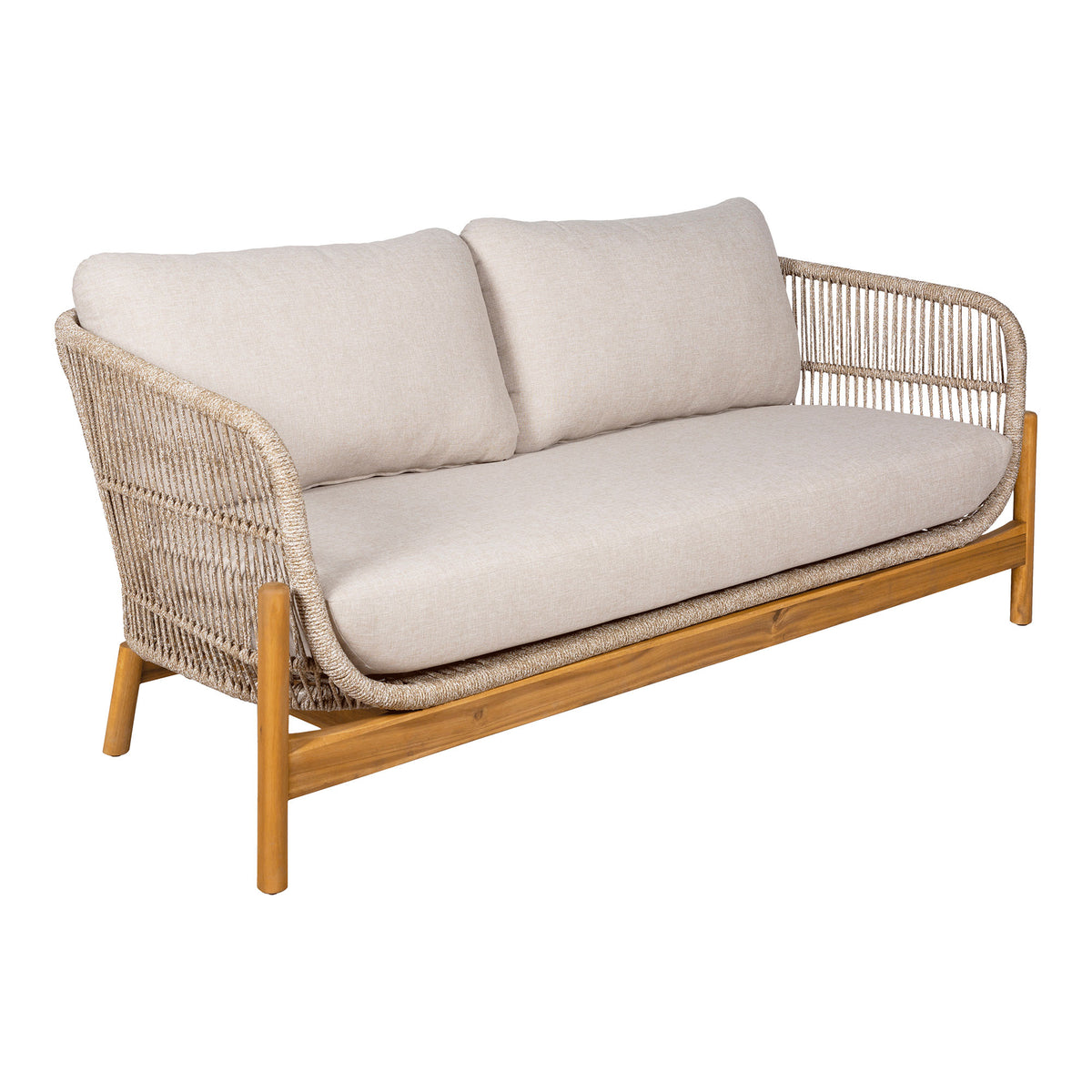 Two-seater outdoor sofa with wicker frame and beige cushions on a white background