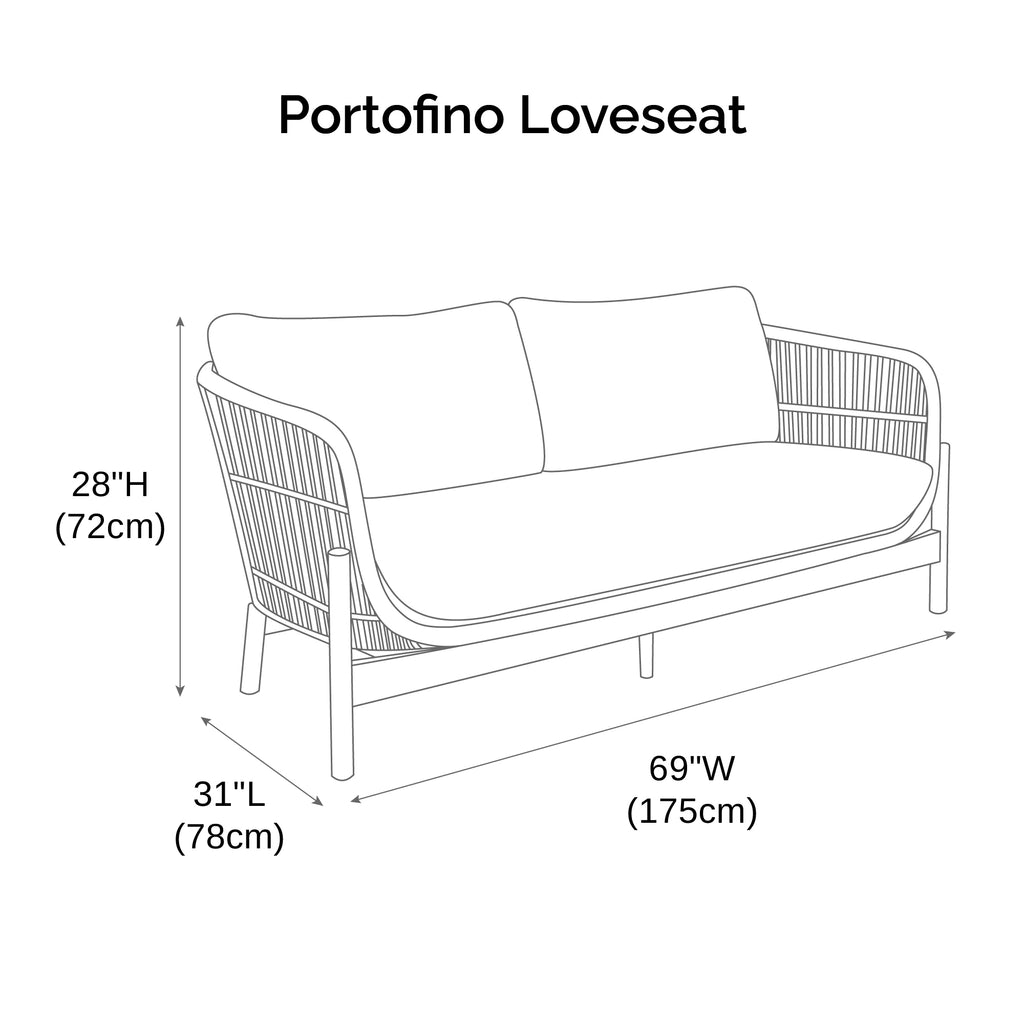 Line drawing of a Portofino Loveseat with dimensions labeled