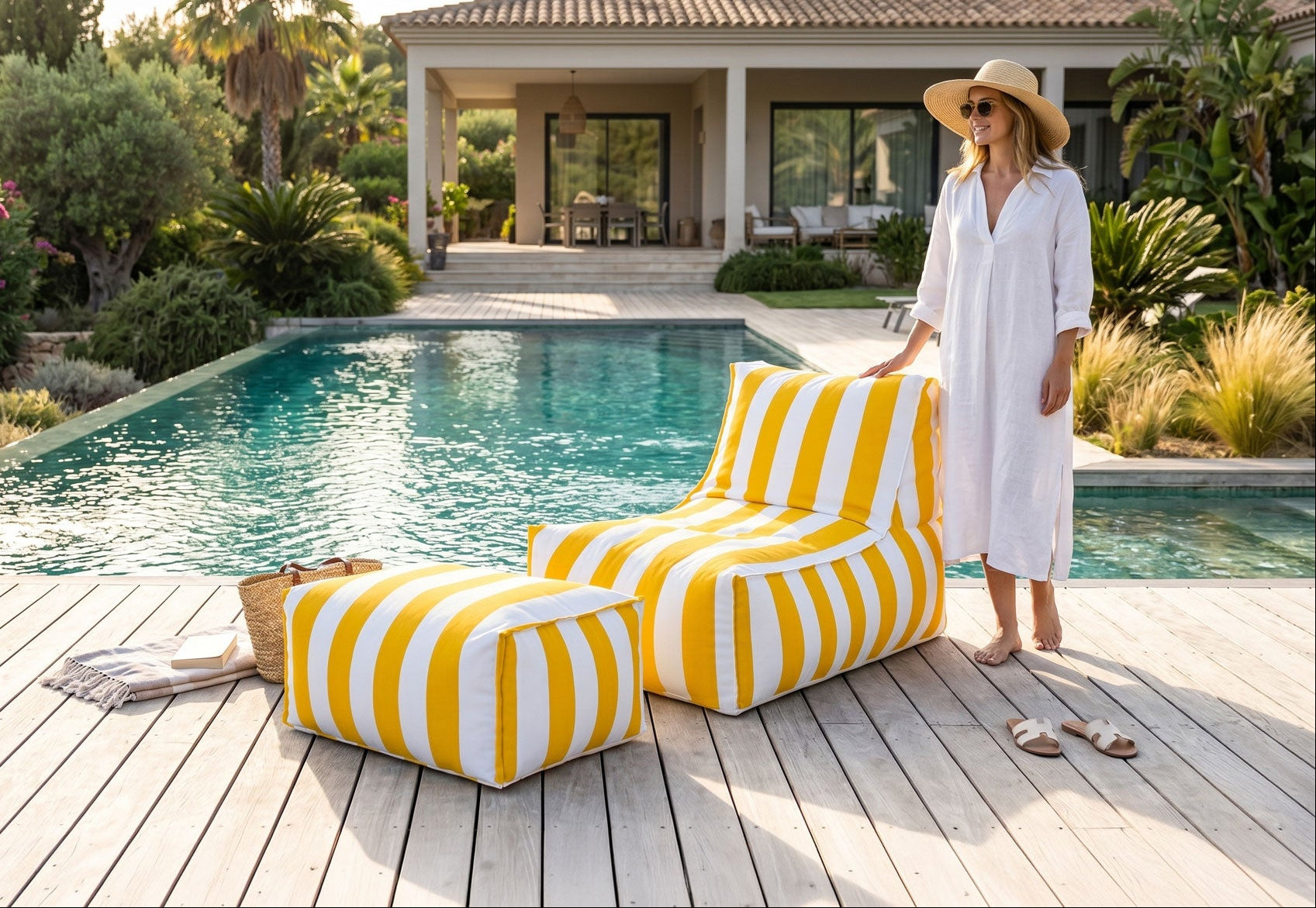 Woman standing by a poolside with yellow and white striped lounge chairs