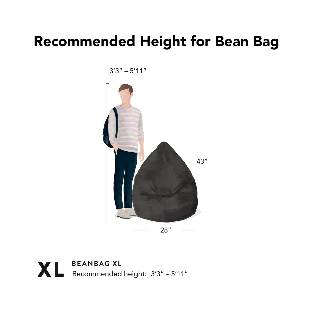 Measurement chart showing the recommended height for a bean bag, with a person and bean bag included.