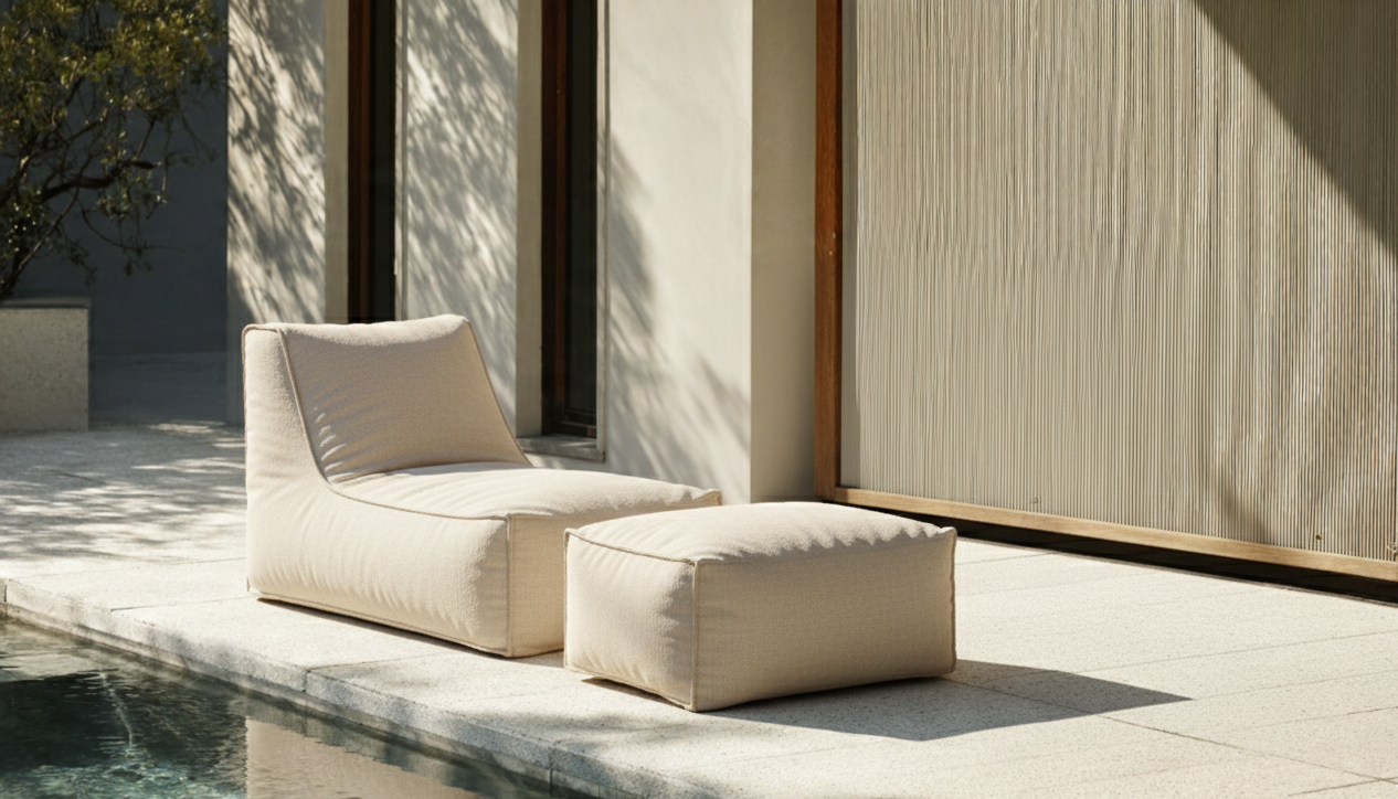 Beige outdoor lounge chair and ottoman by a poolside.
