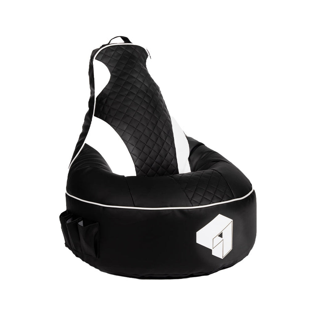 Black bean bag chair with a white logo on a white background