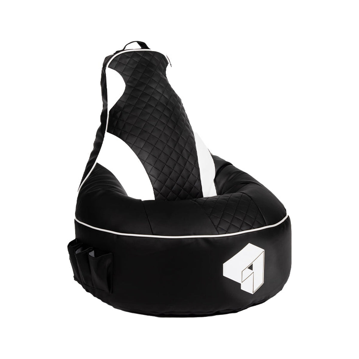 Black bean bag chair with a white logo on a white background