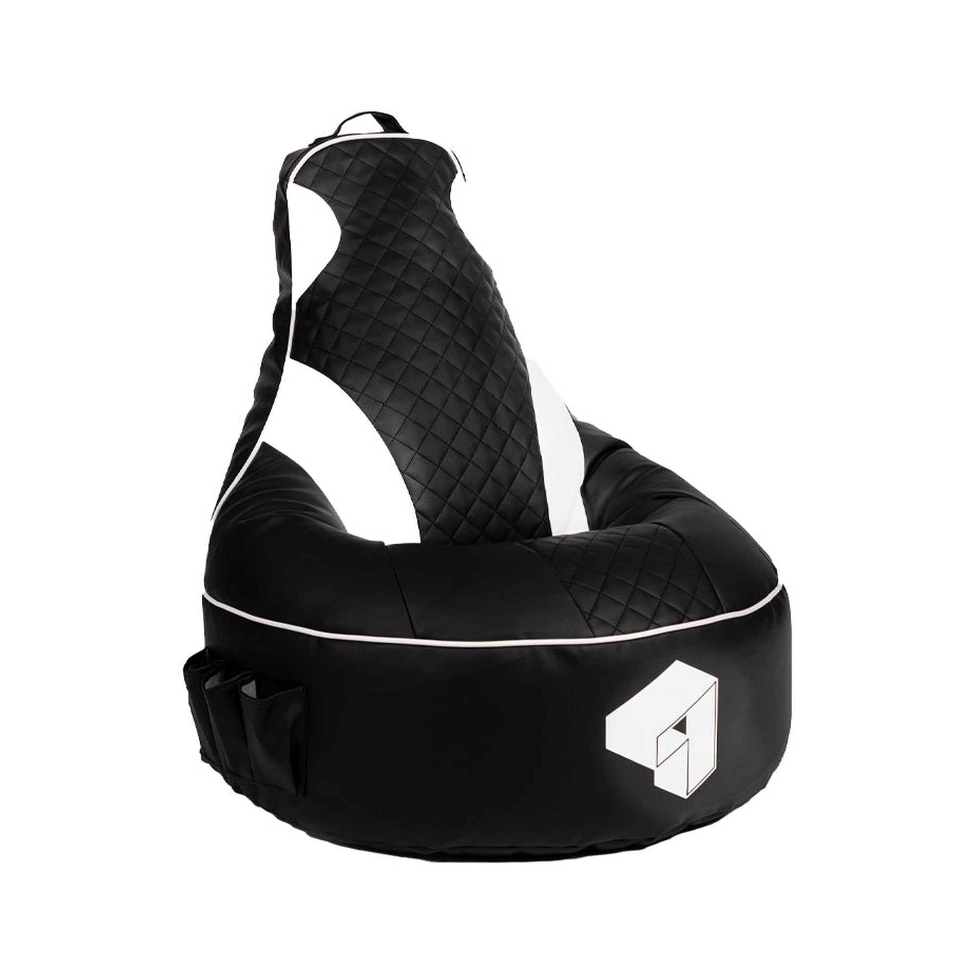 Black bean bag chair with a white logo on a white background