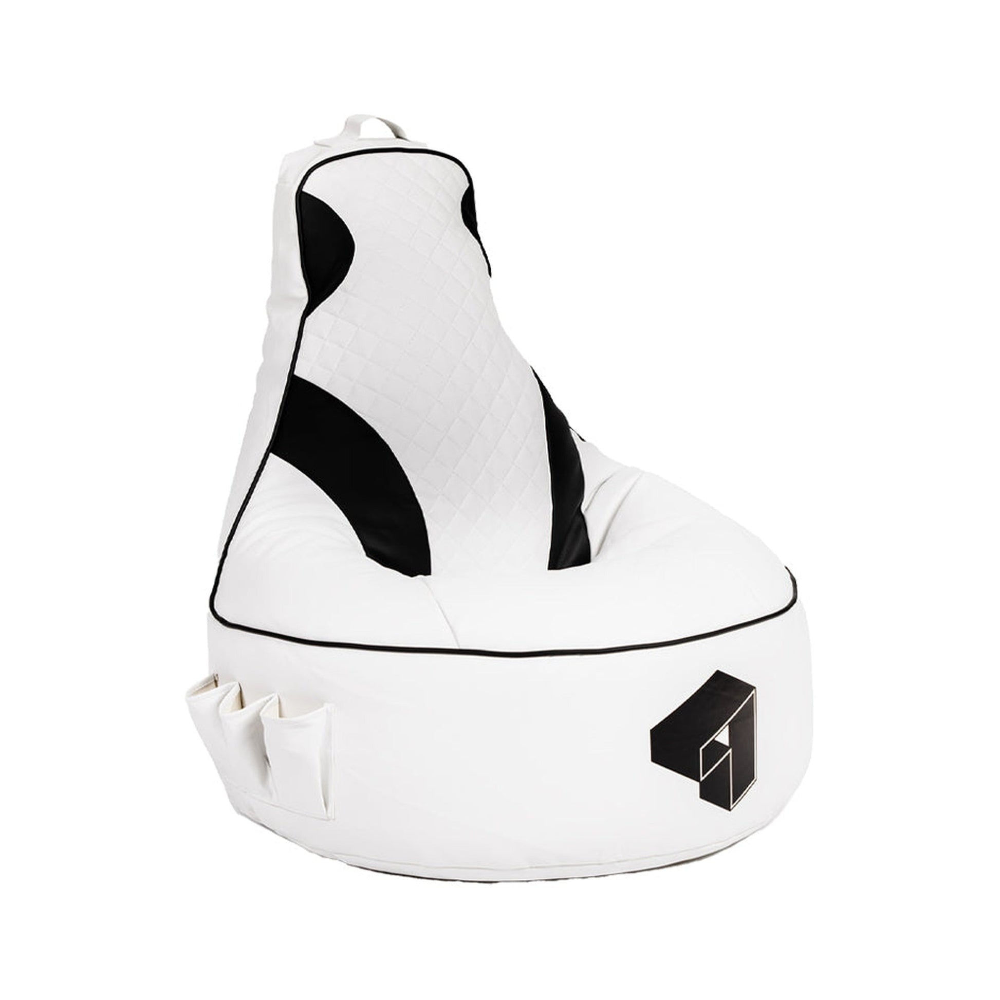 White bean bag chair with black geometric design on a white background