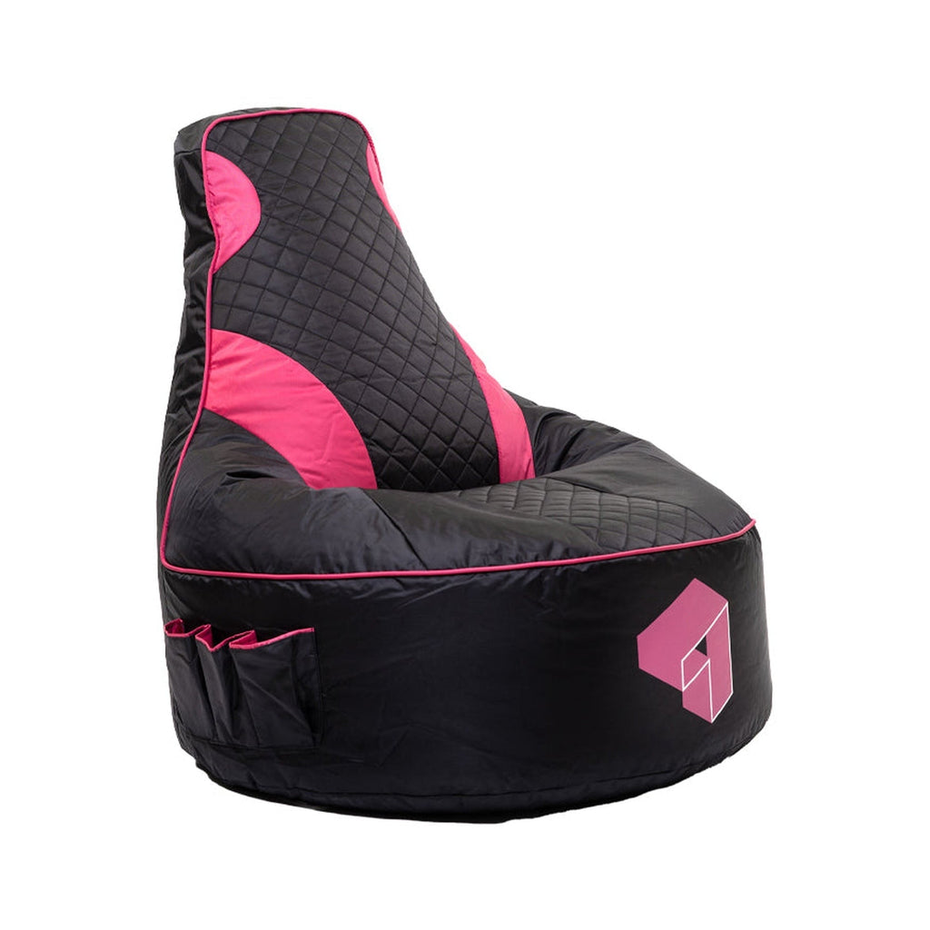 Black and pink bean bag chair with a geometric design on a white background