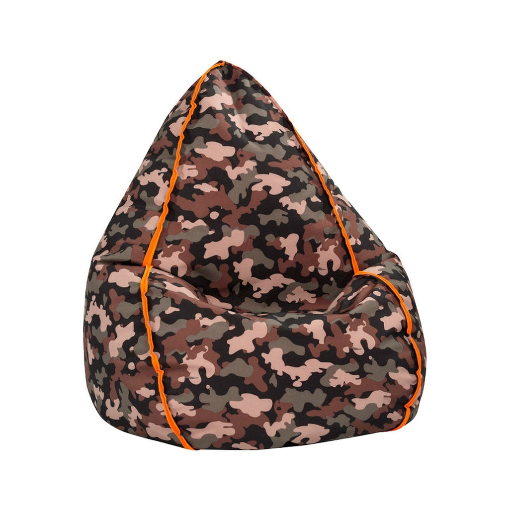 Camouflage-patterned bean bag chair with orange trim on a white background