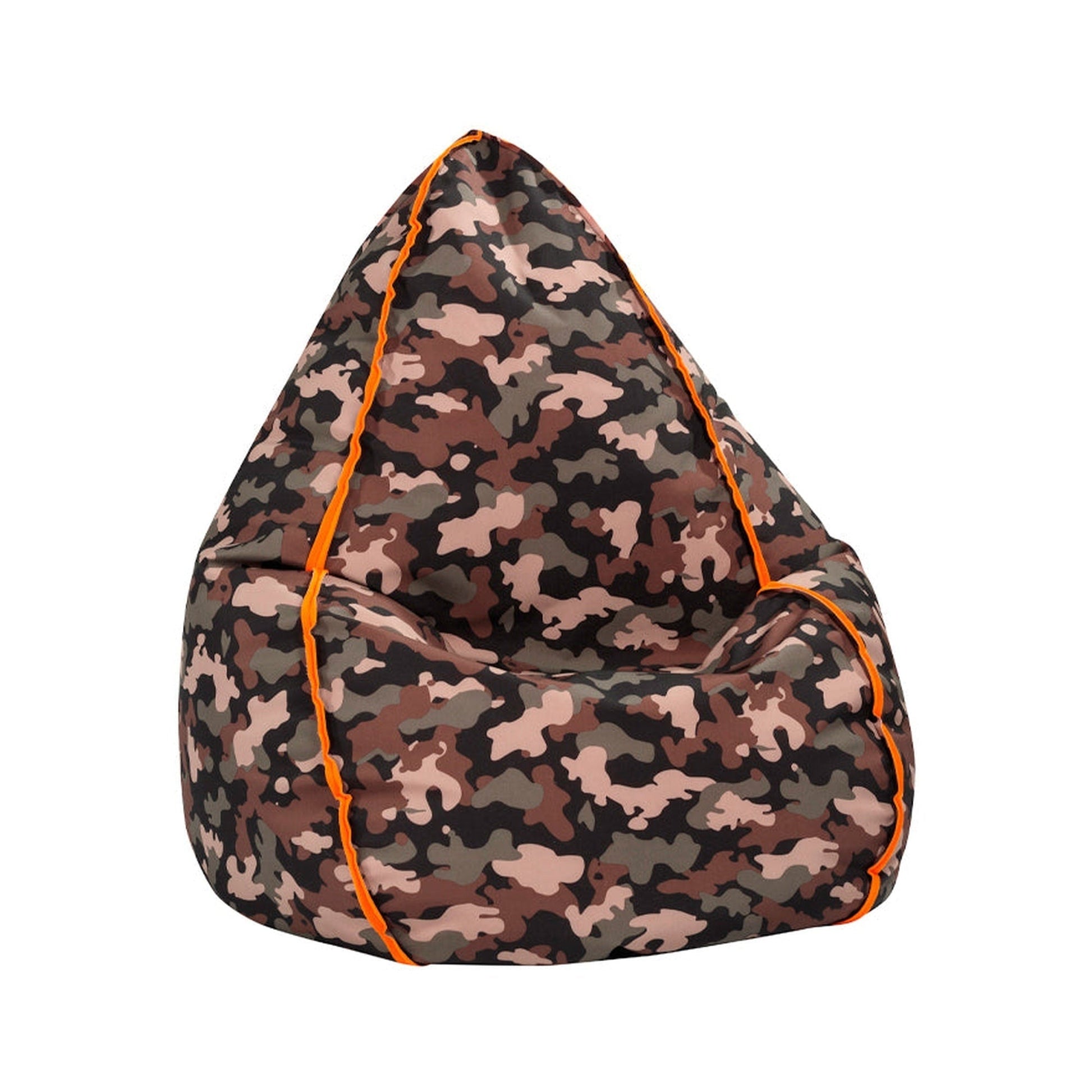 Camouflage-patterned bean bag chair with orange trim on a white background