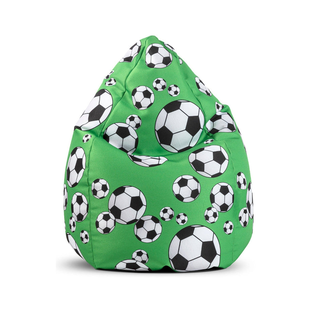 Green bean bag with soccer ball pattern on a white background