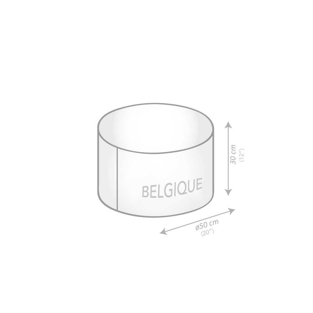 Diagram of a cylindrical object labeled 'Belgique' with dimensions on a white background