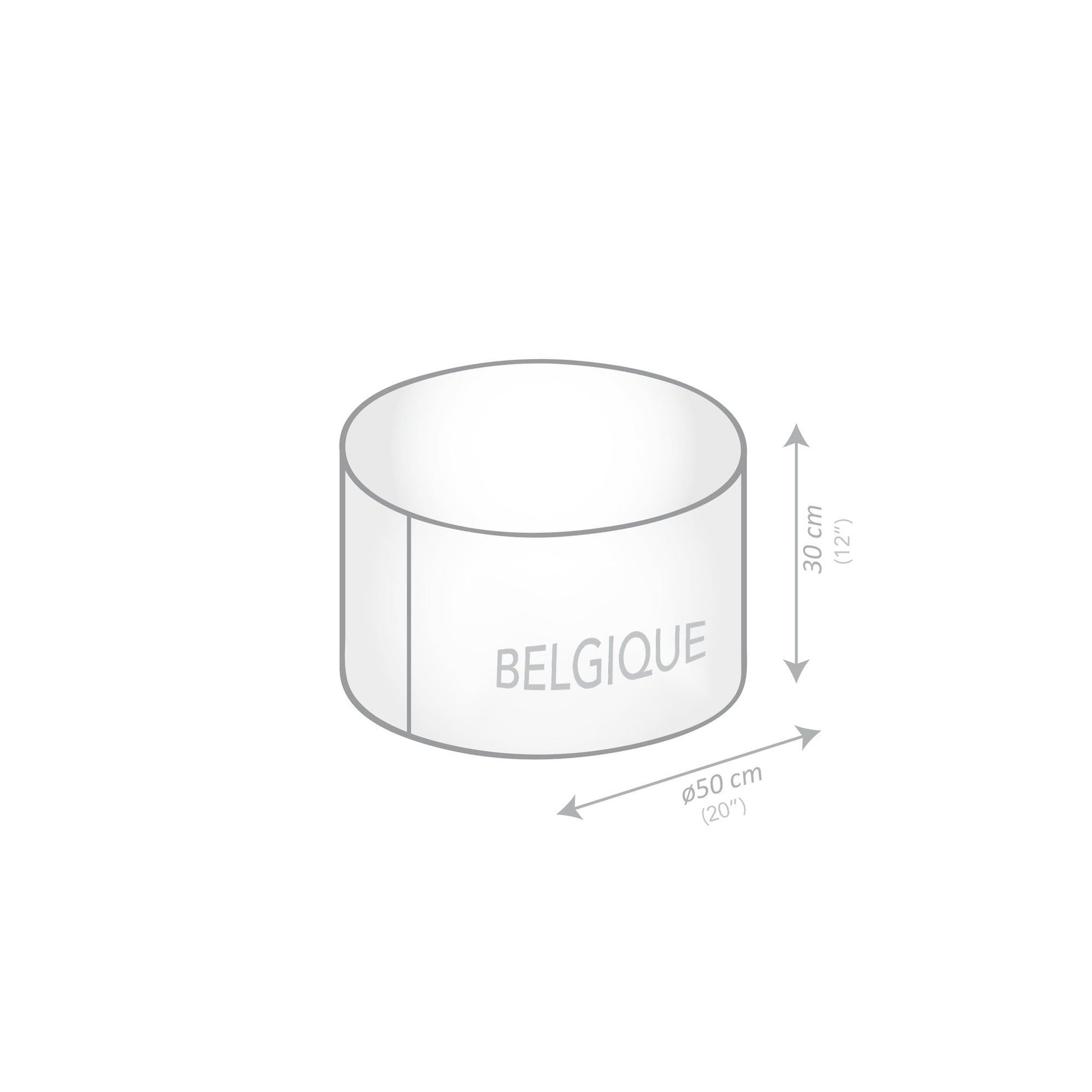 Diagram of a cylindrical object labeled 'Belgique' with dimensions on a white background
