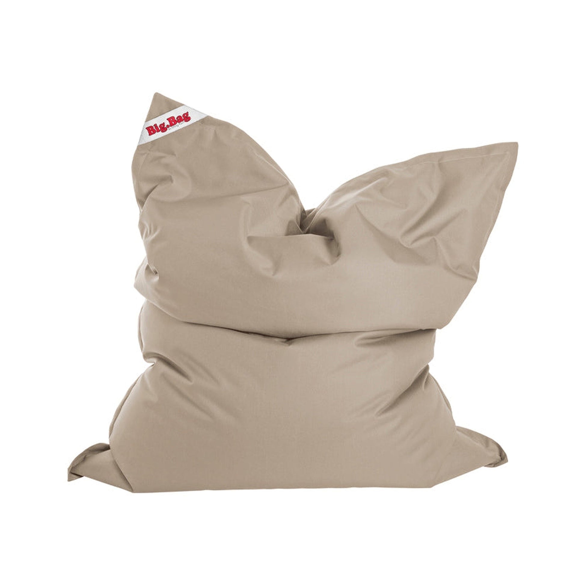 Beige bean bag chair with 'Big Bag' label on a white background