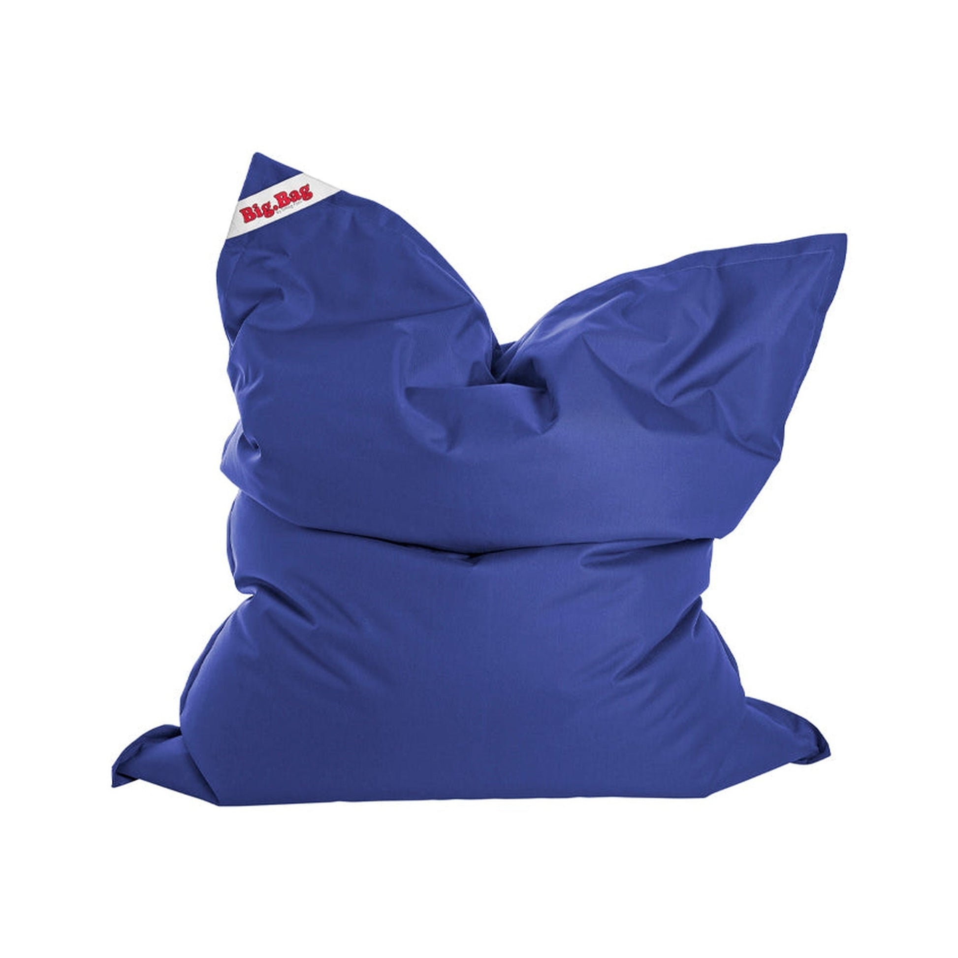 Blue bean bag chair with a visible brand logo on a white background