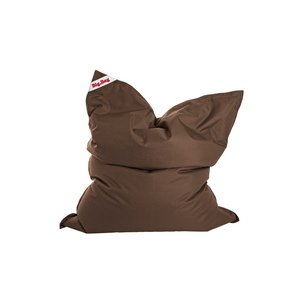 Brown bean bag chair with a visible brand logo on a white background