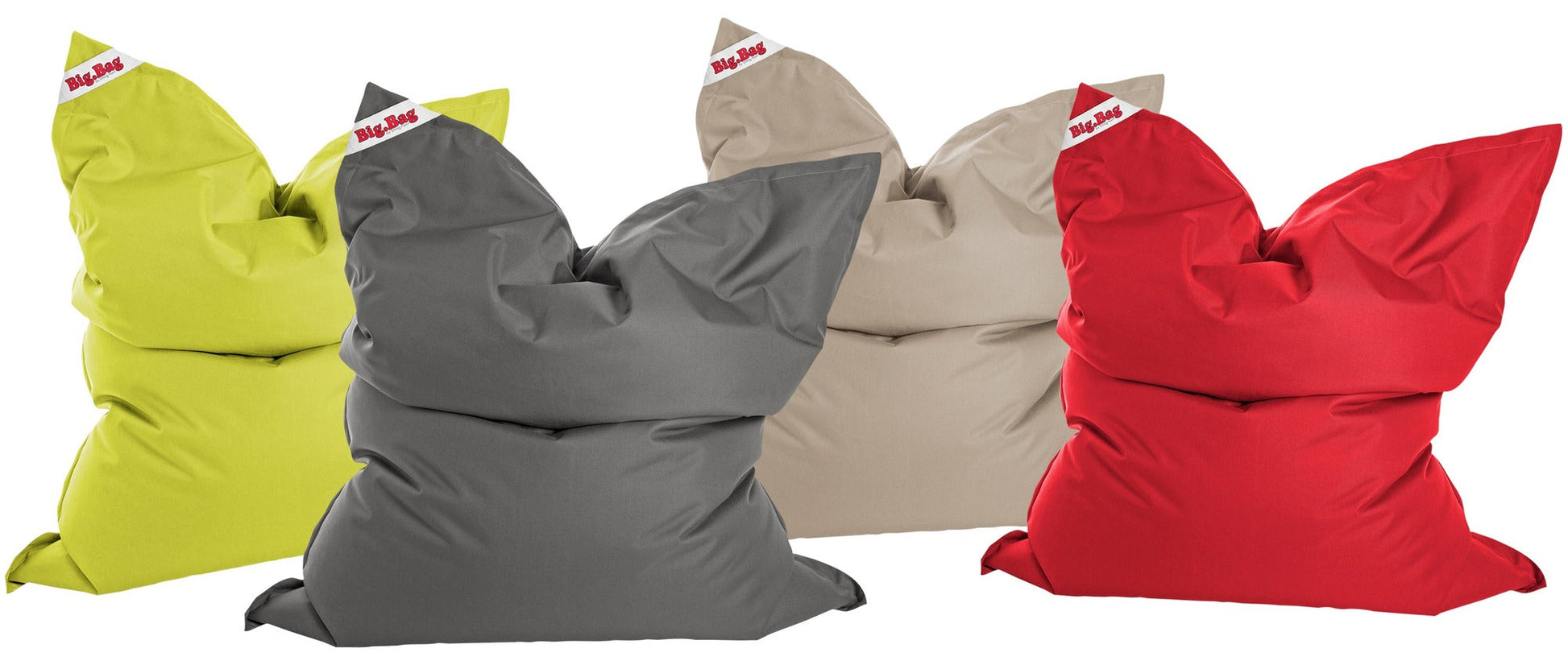 Four bean bags in different colors (green, gray, beige, red) arranged in a row.