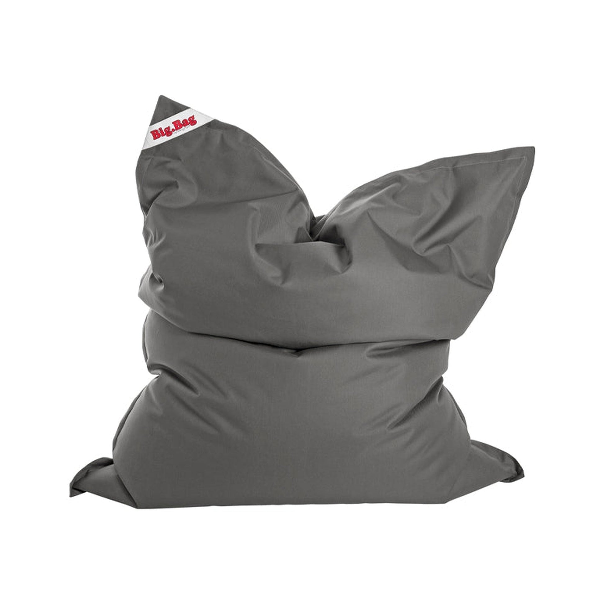 Gray bean bag chair with 'Big Bag' label on a white background