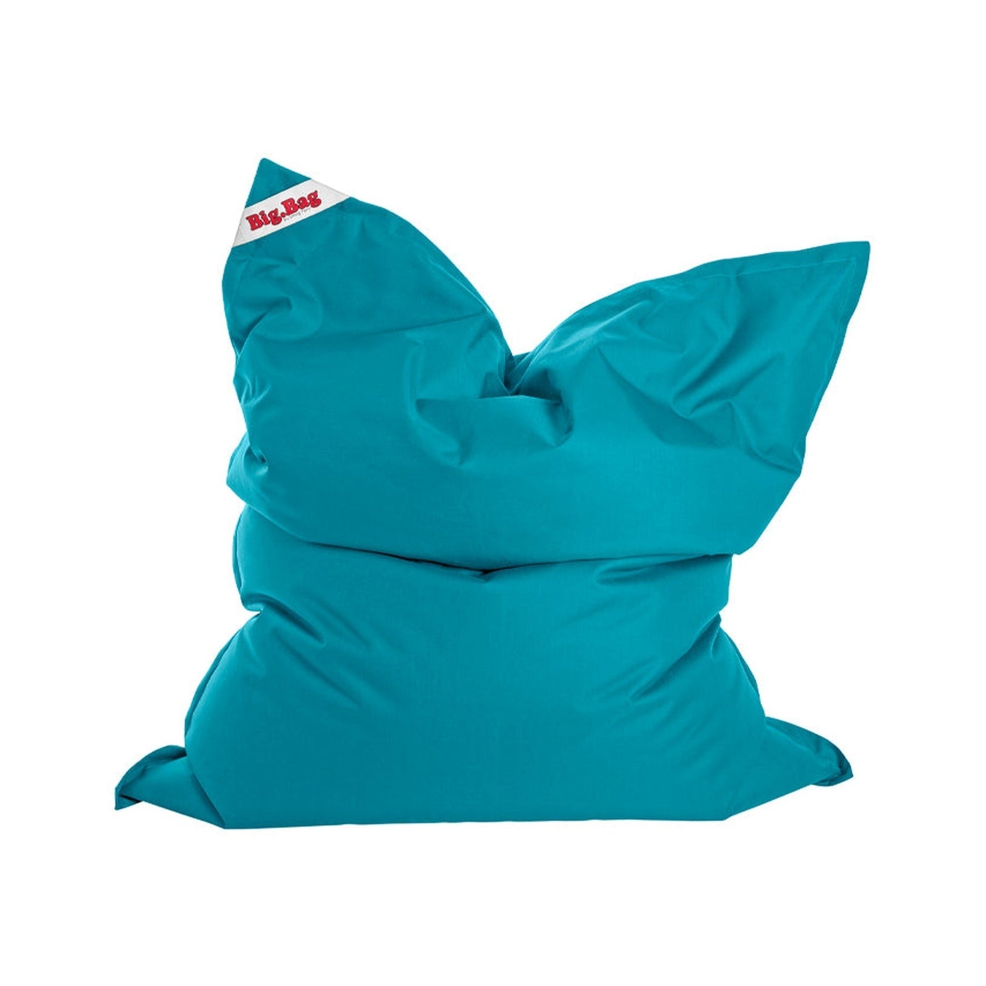 Turquoise bean bag chair with a visible brand logo on a white background