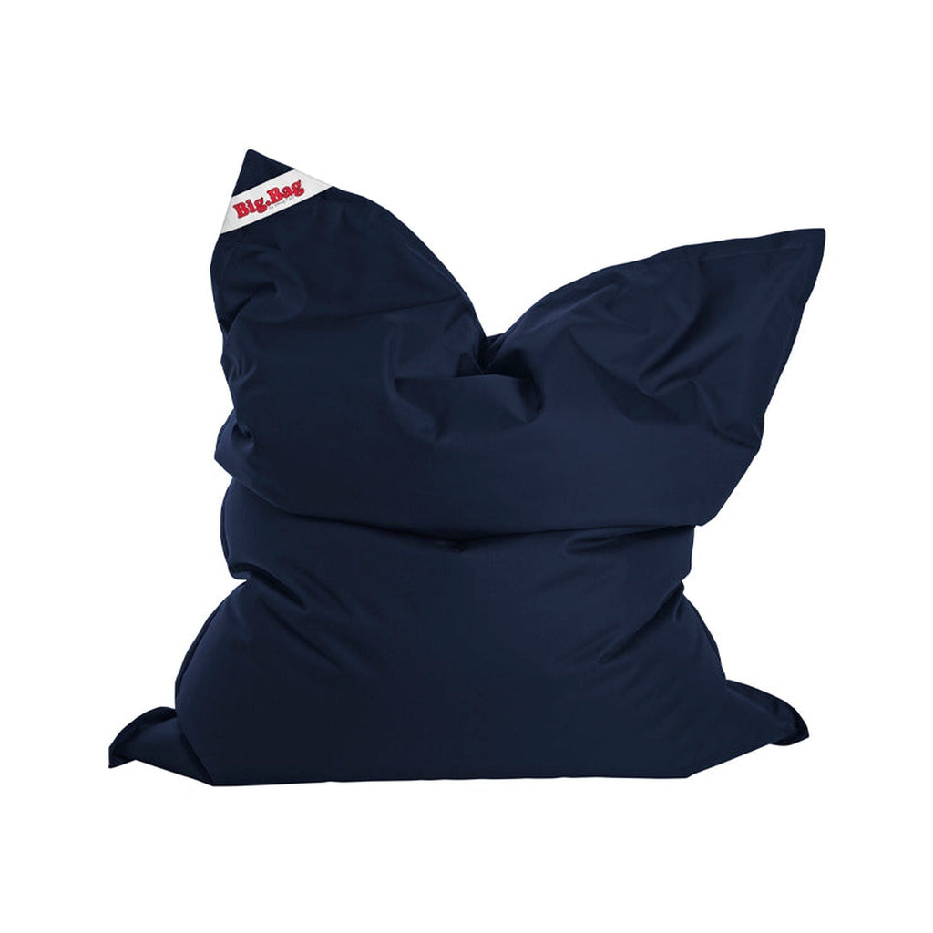 Navy blue bean bag chair with a visible brand label on a white background