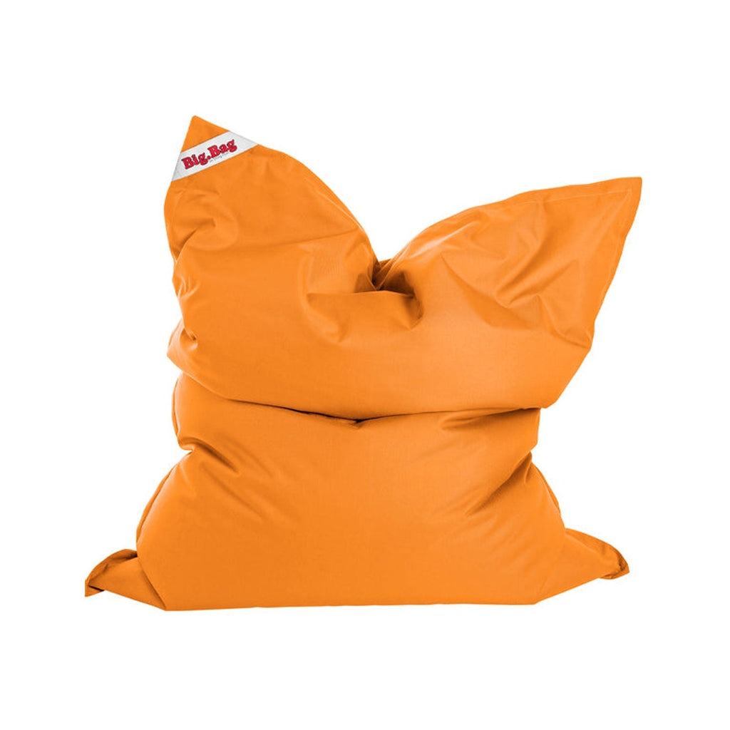Orange bean bag chair with a visible brand logo on a white background