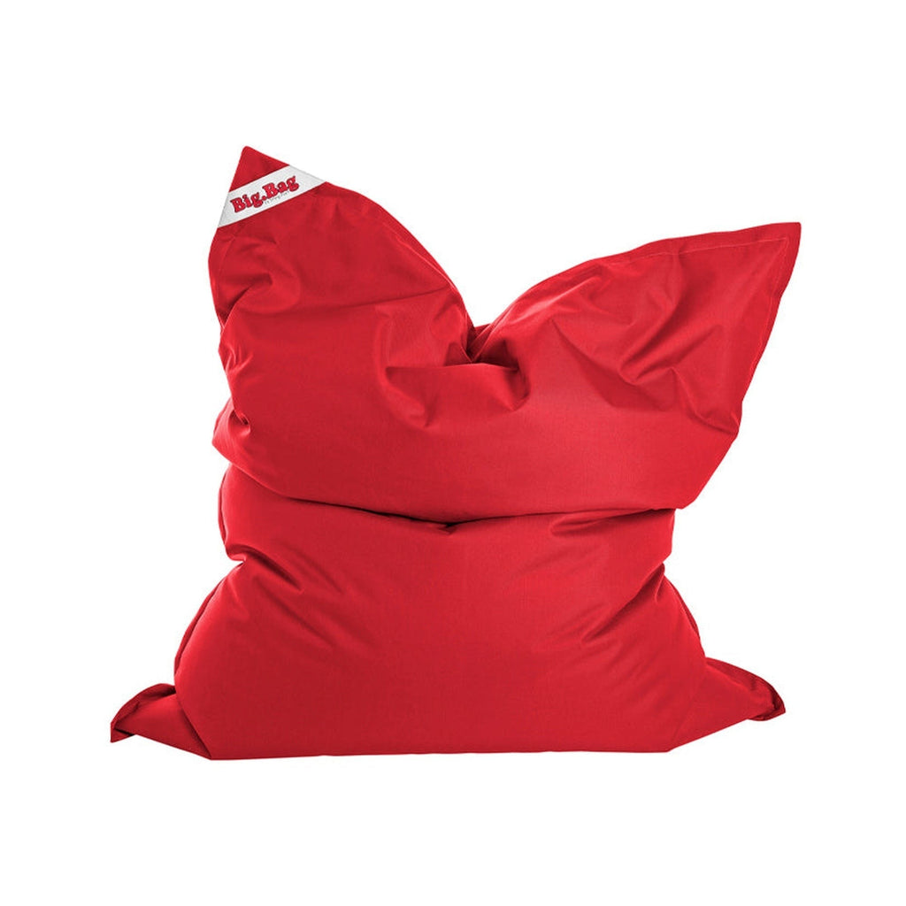Red bean bag chair with a small red hat on a white background