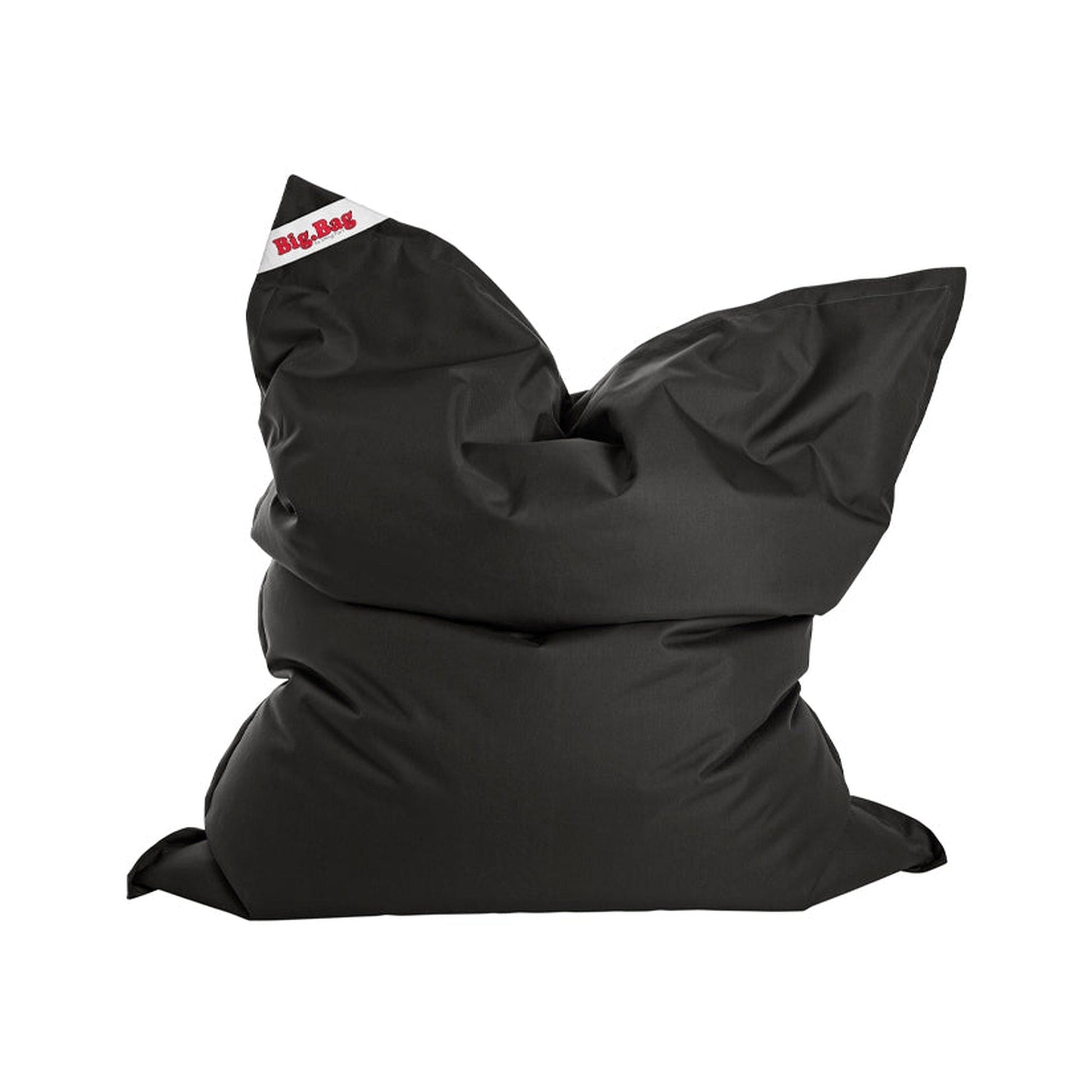 Black bean bag chair with a visible brand logo on a white background
