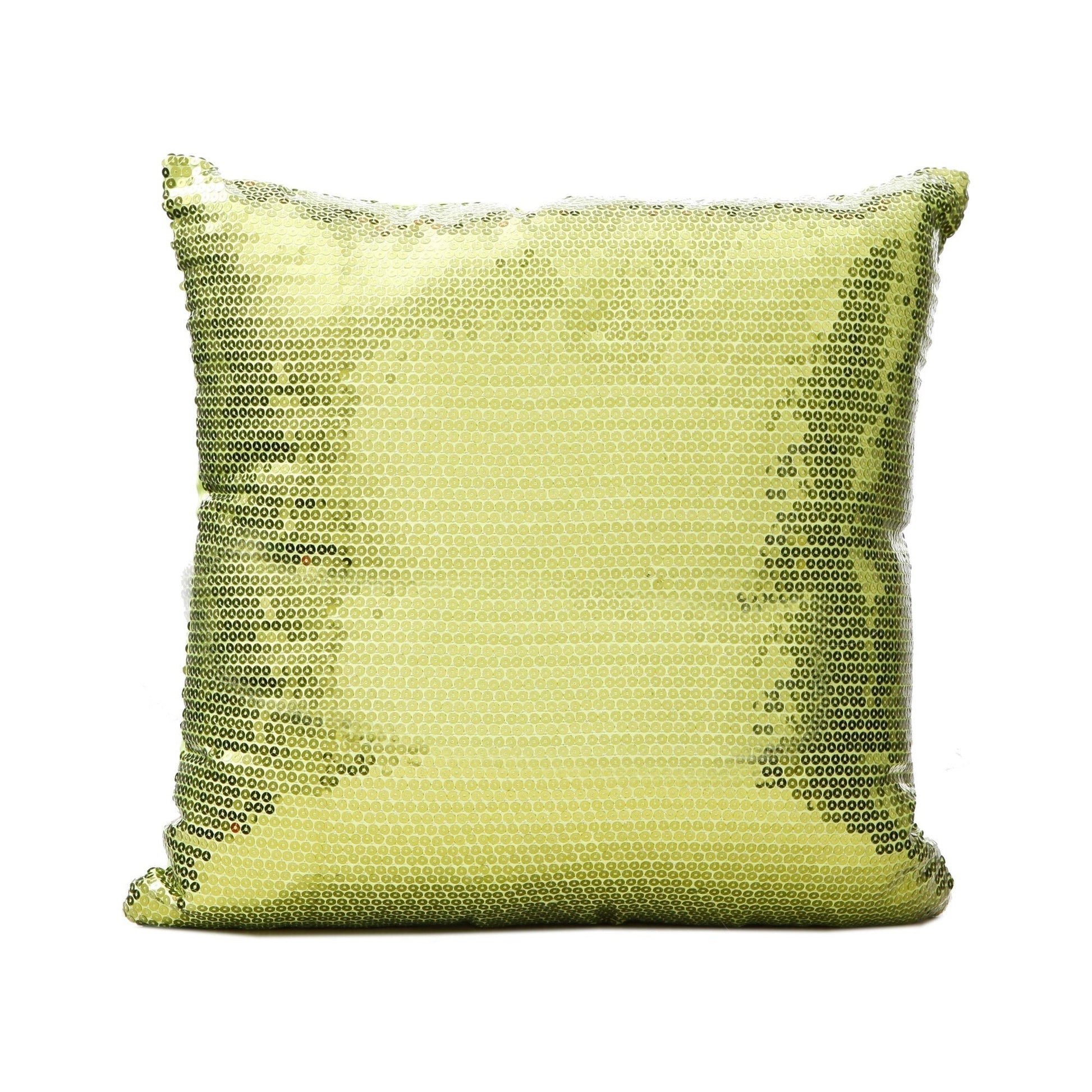 Green sequin pillow on a white background