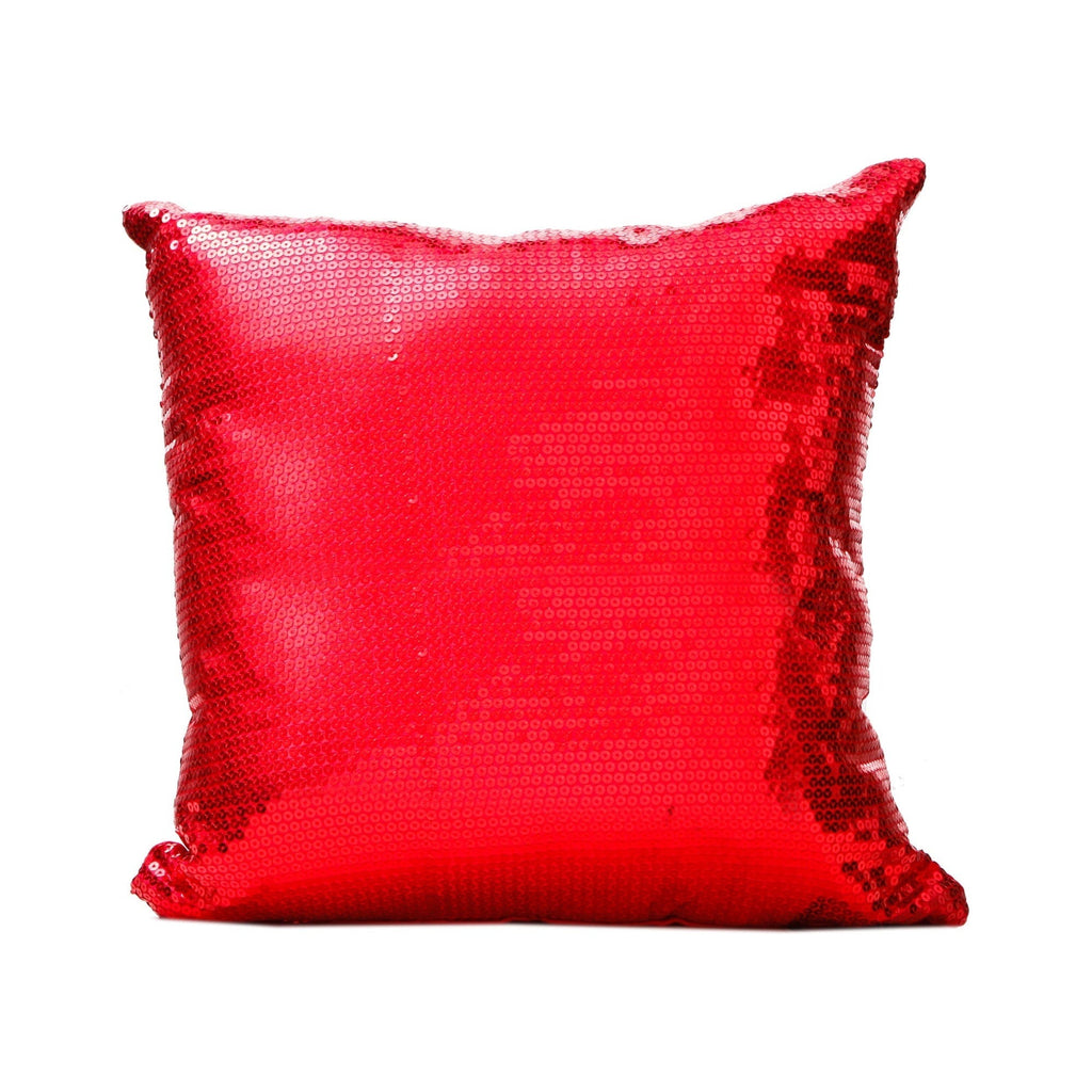Red sequin pillow on a white background