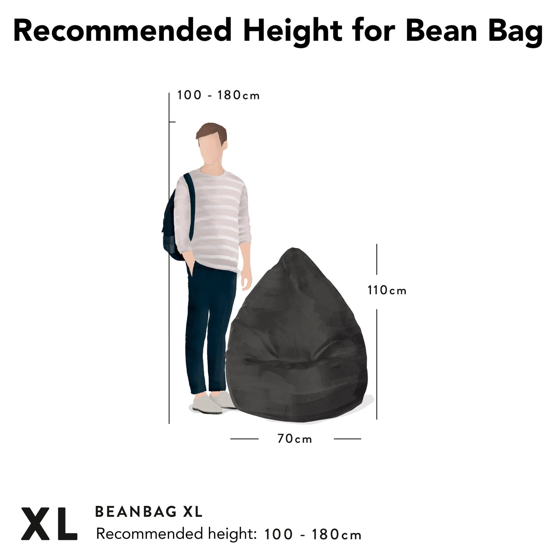 Diagram showing a person standing next to an XL bean bag with height measurement details.