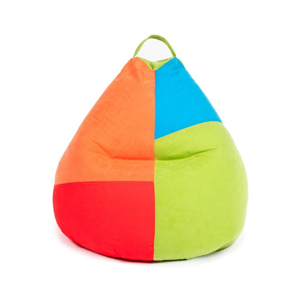 Colorful bean bag chair with orange, blue, red, and green sections on a white background