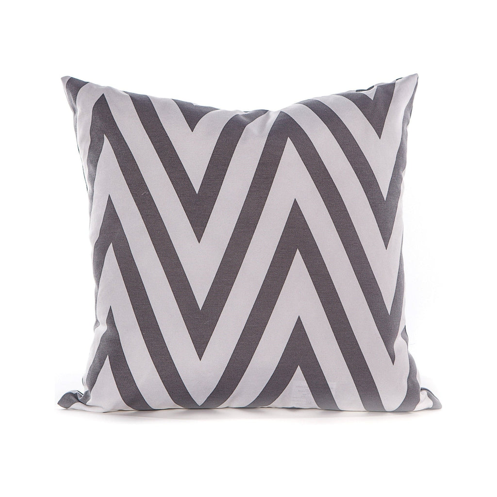 Decorative pillow with gray and white chevron pattern on a white background