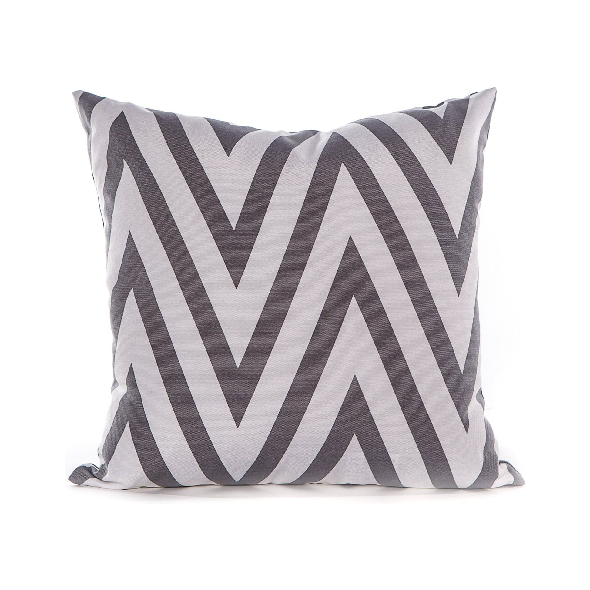 Decorative pillow with gray and white chevron pattern on a white background