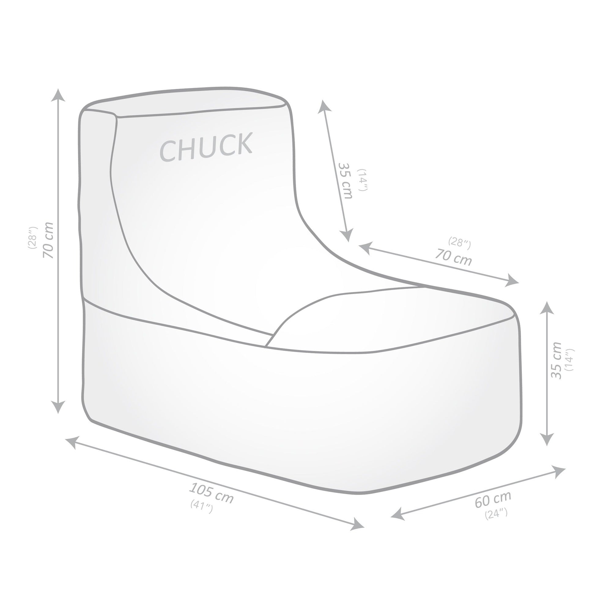 Diagram of a chair with dimensions labeled, featuring the brand 'Chuck'.