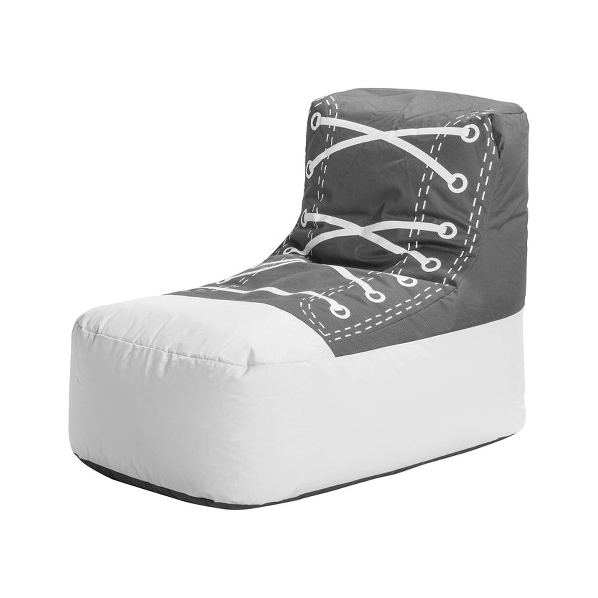 Gray and white shoe-shaped bean bag chair on a white background