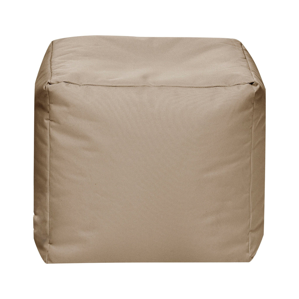 Beige cube-shaped ottoman on a white background