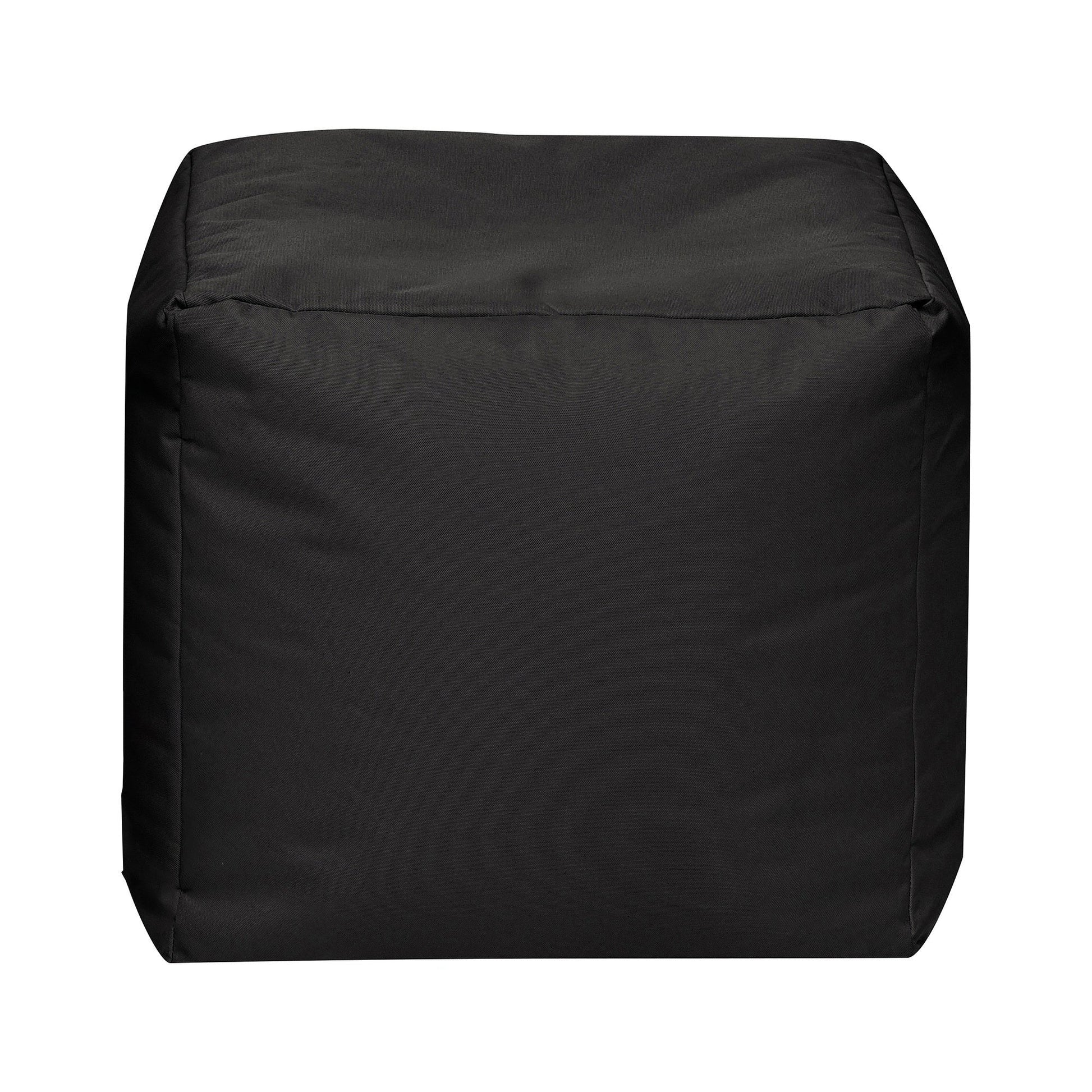 Black cube-shaped ottoman on a white background