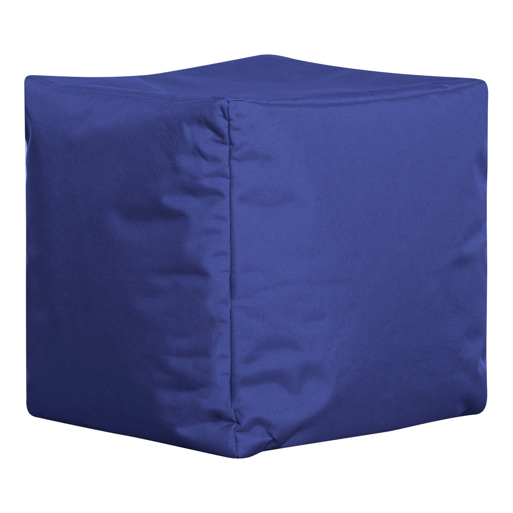 Blue cube-shaped ottoman on a white background