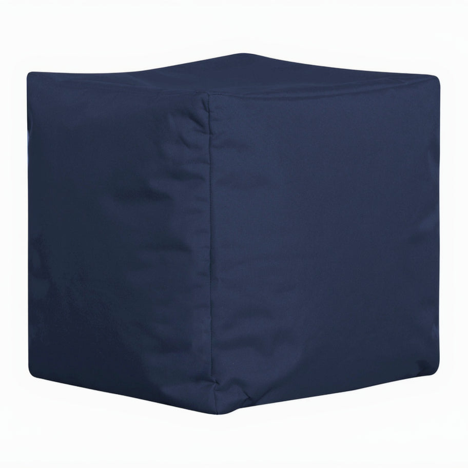 Navy blue cube-shaped ottoman on a white background