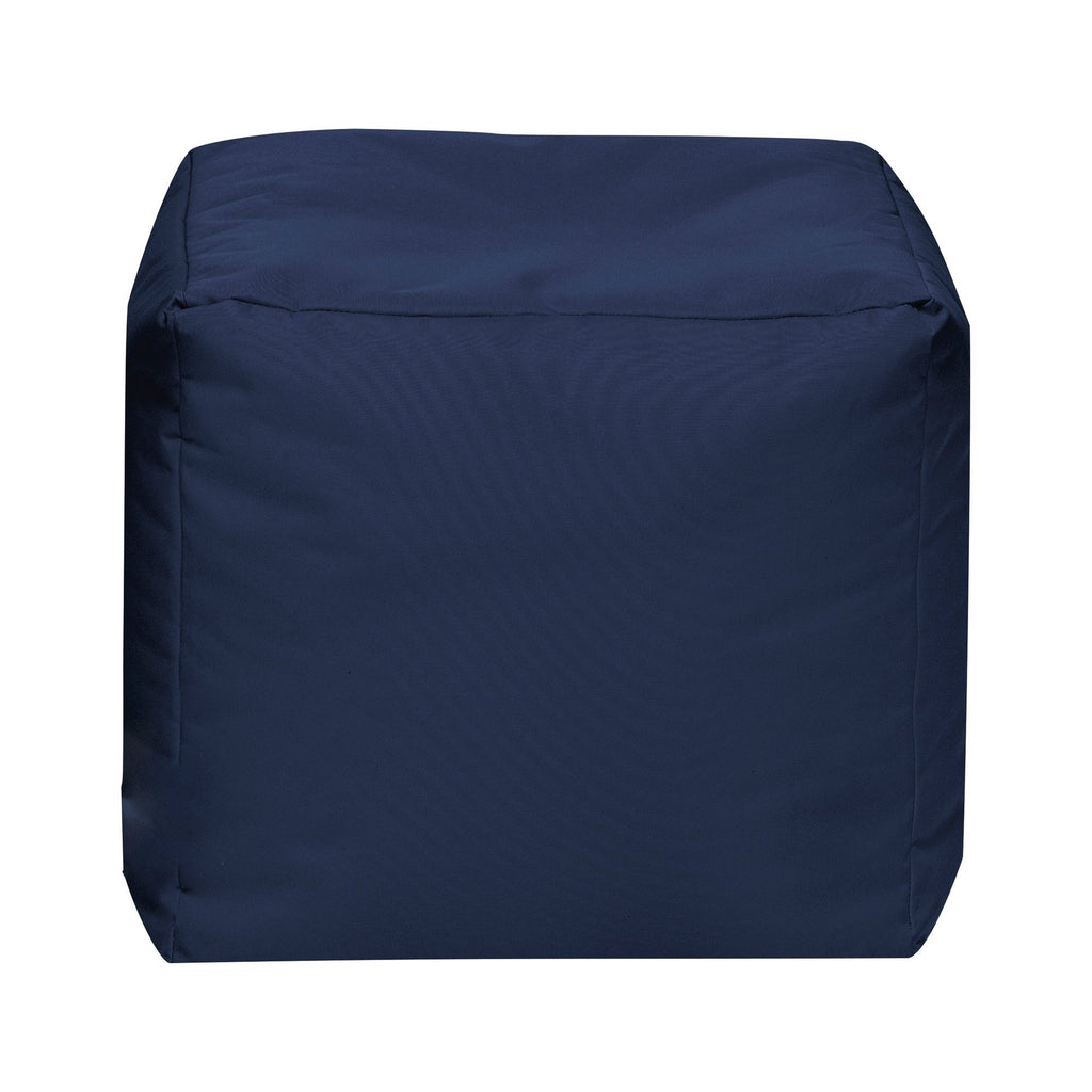 Navy blue cube-shaped ottoman on a white background