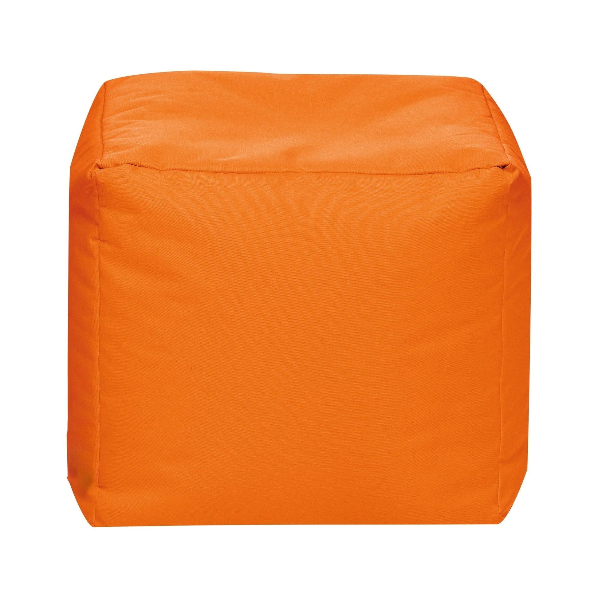 Orange cube-shaped ottoman on a white background