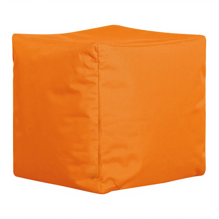 Orange cube-shaped ottoman on a white background