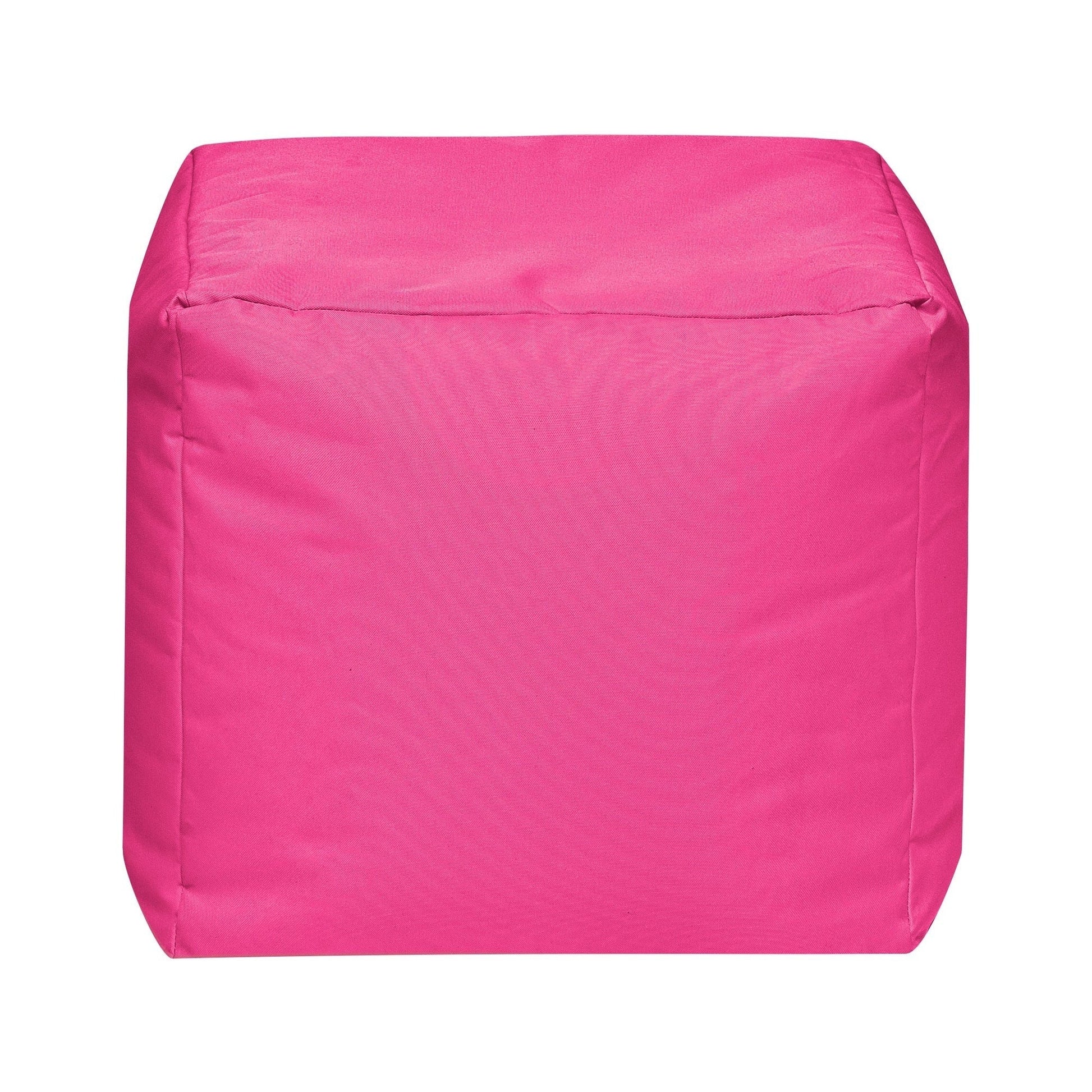 Pink cube-shaped ottoman on a white background