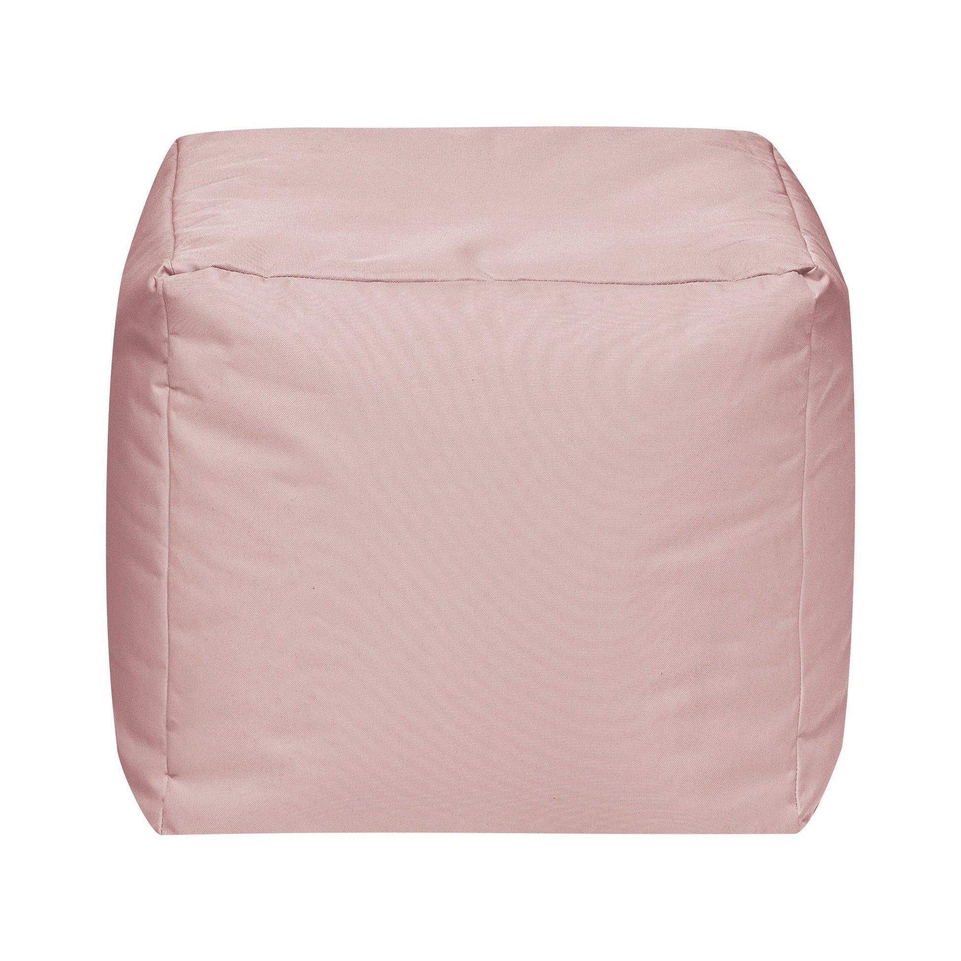 Pink cube-shaped ottoman on a white background