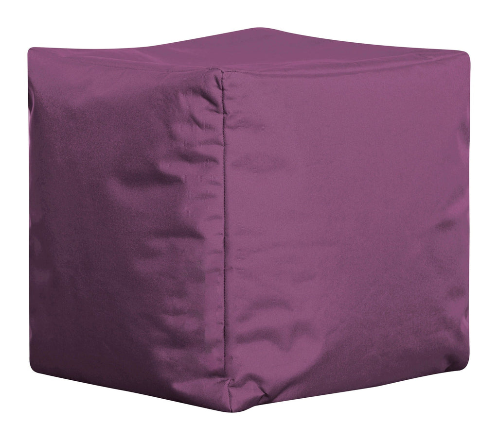 Purple cube-shaped ottoman on a white background