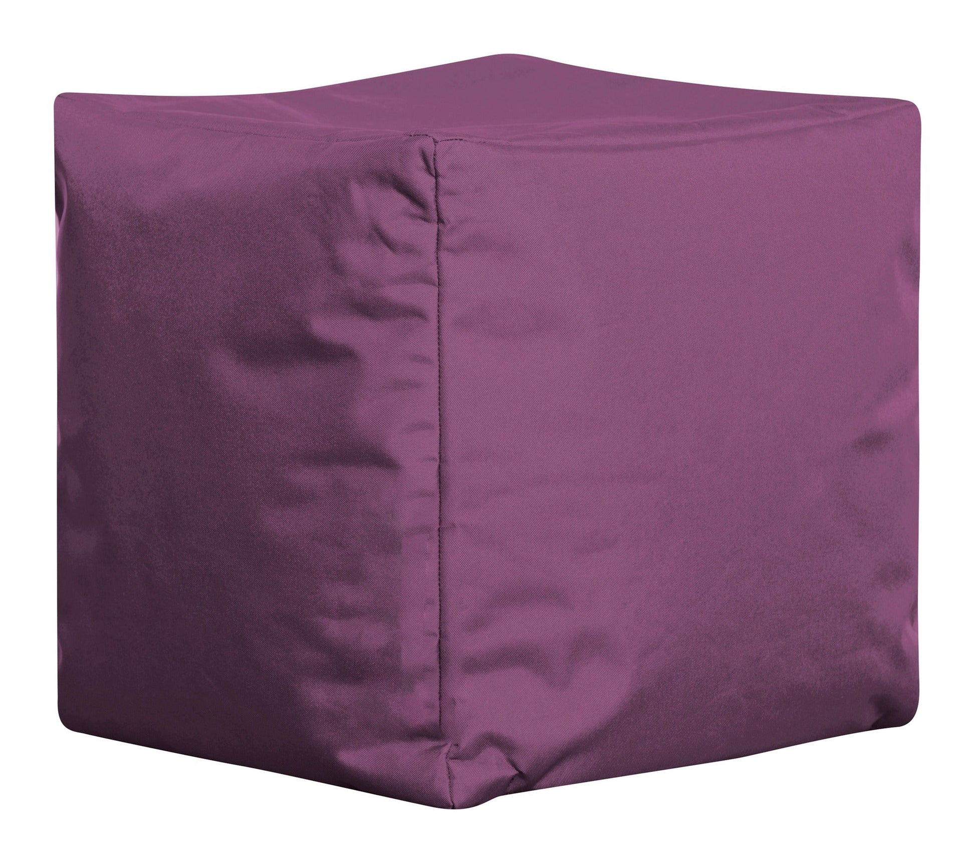 Purple cube-shaped ottoman on a white background